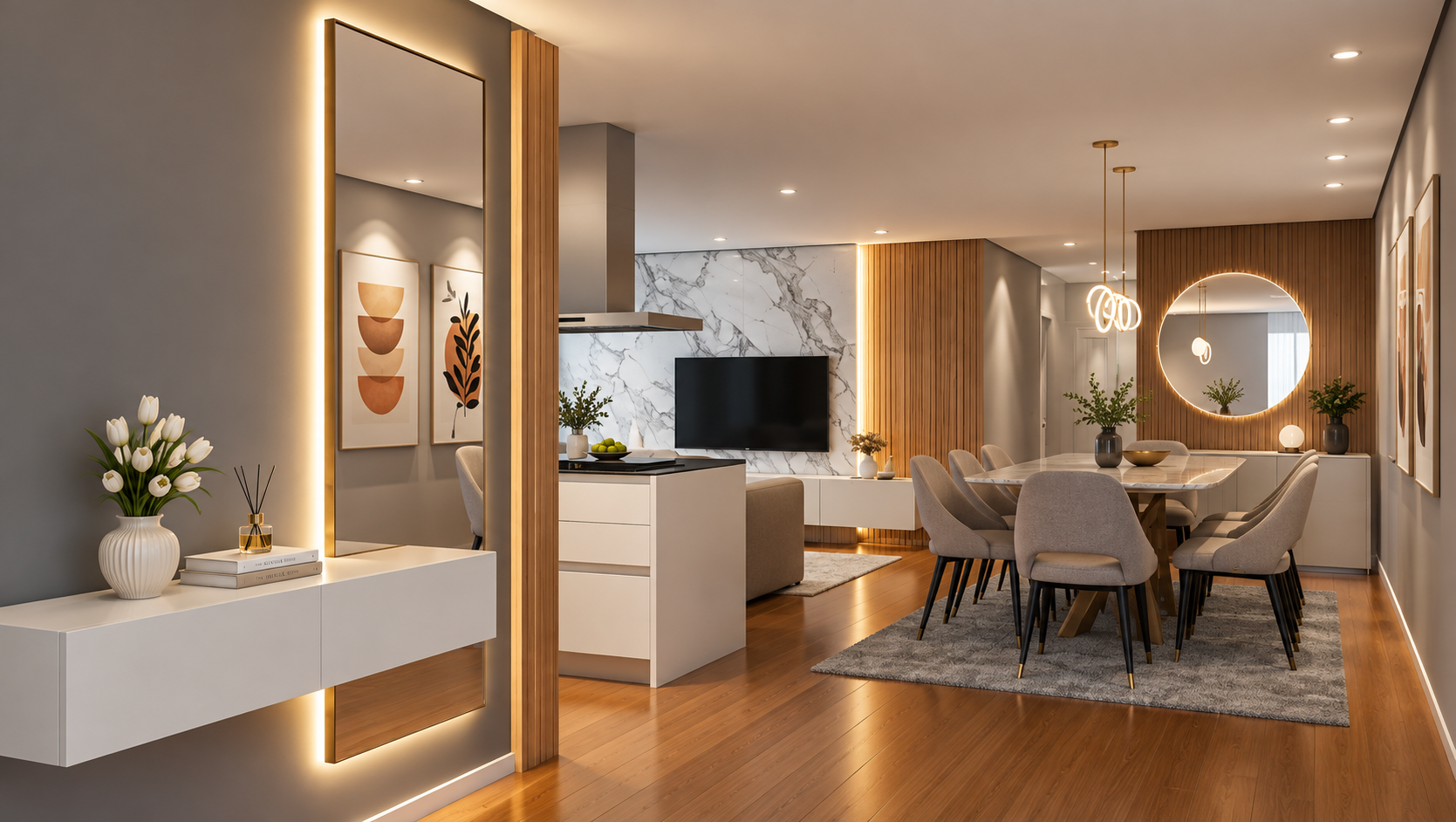 Sala, cozinha e jantar em open space