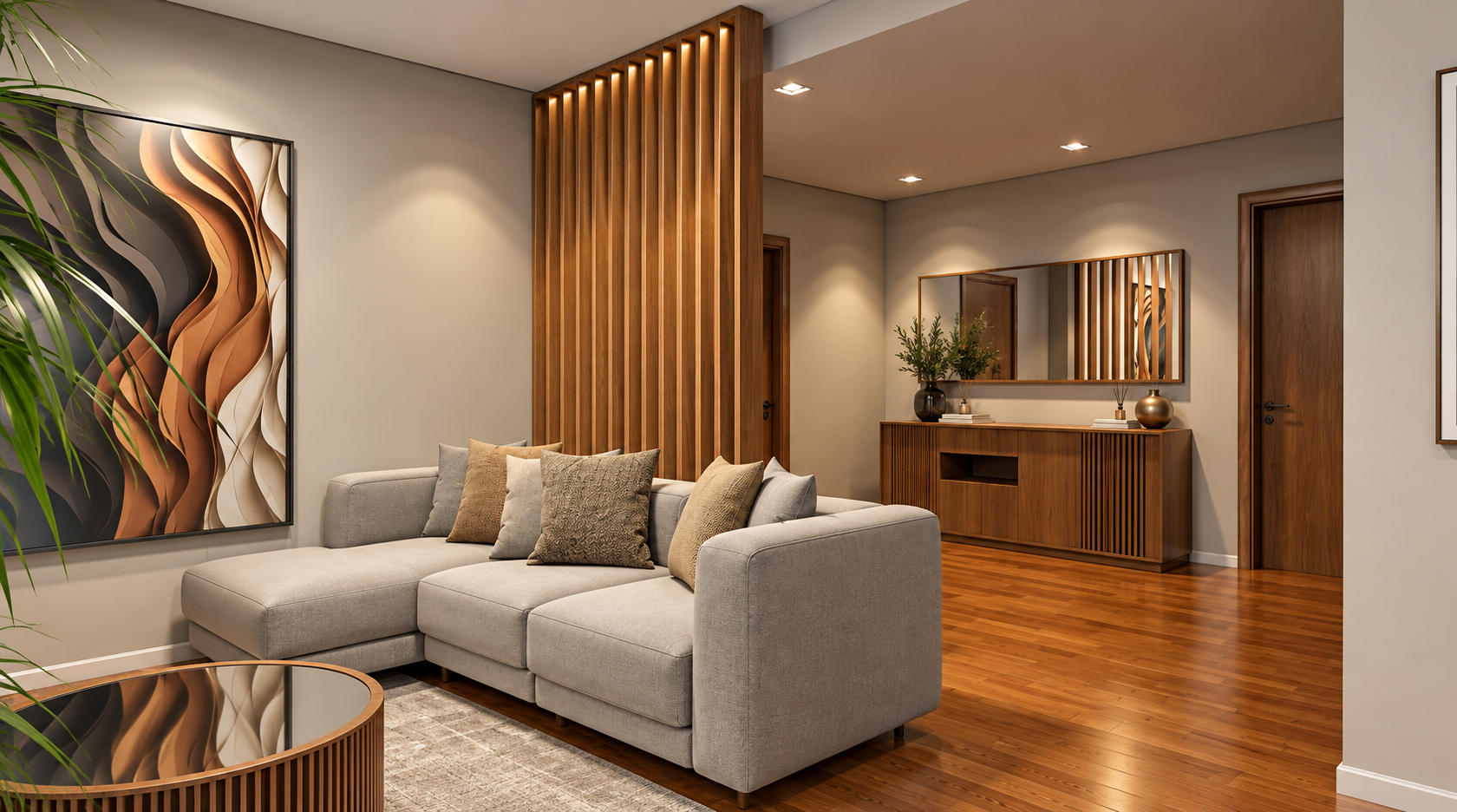 Sala de estar com painel ripado e aparador